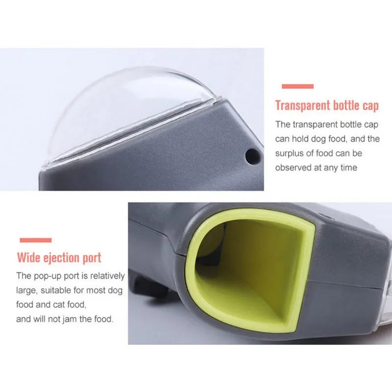 Grey pet snack catapult launcher with spring trigger for dogs and cats