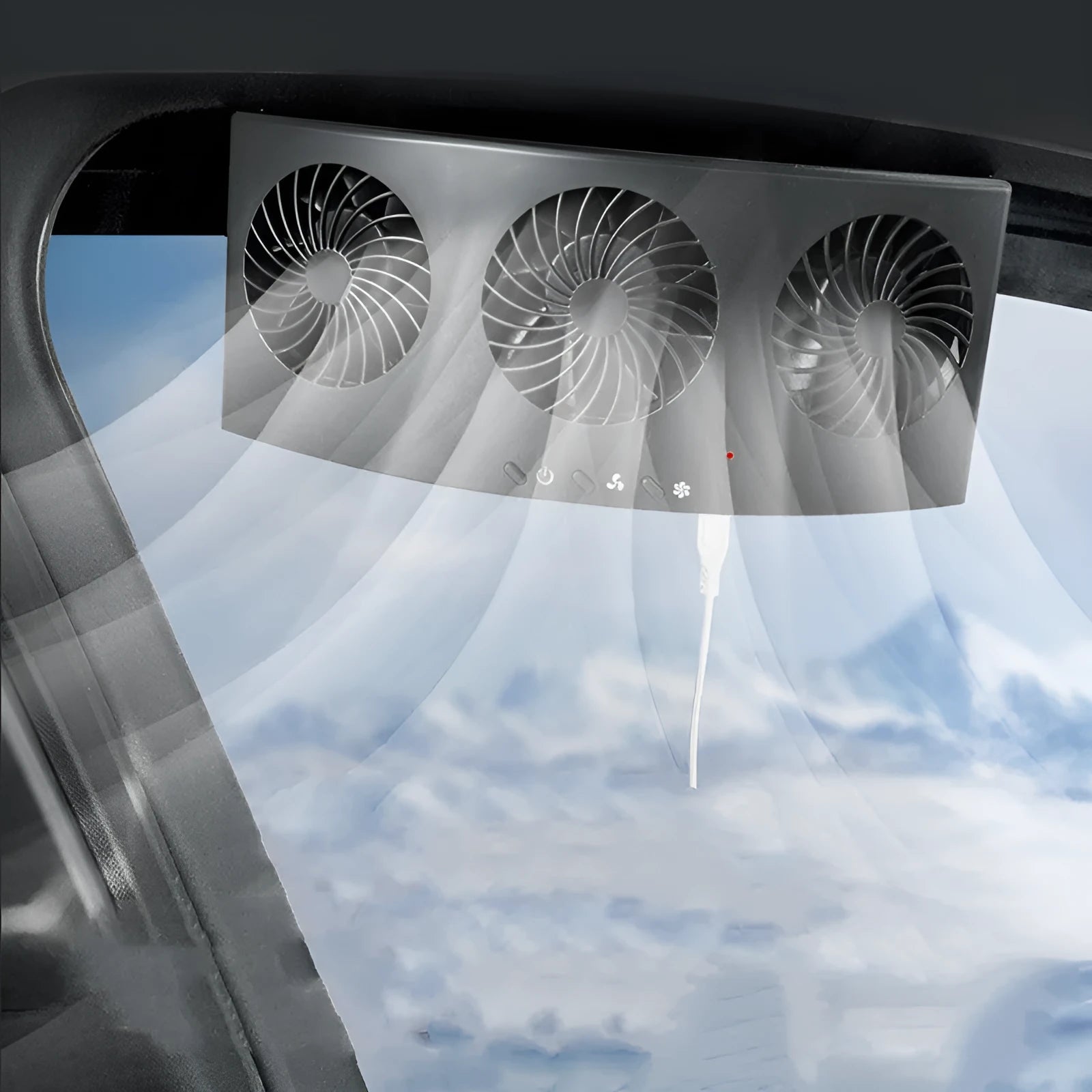 Black and white USB-powered car ventilation fan on a car dashboard