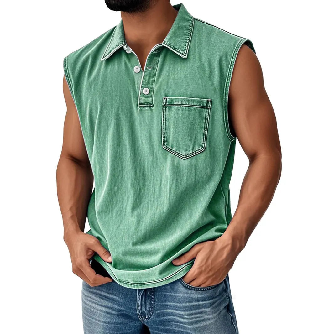 Man wearing a loose-fit short sleeve polo shirt with a colourful 3D digital print design.