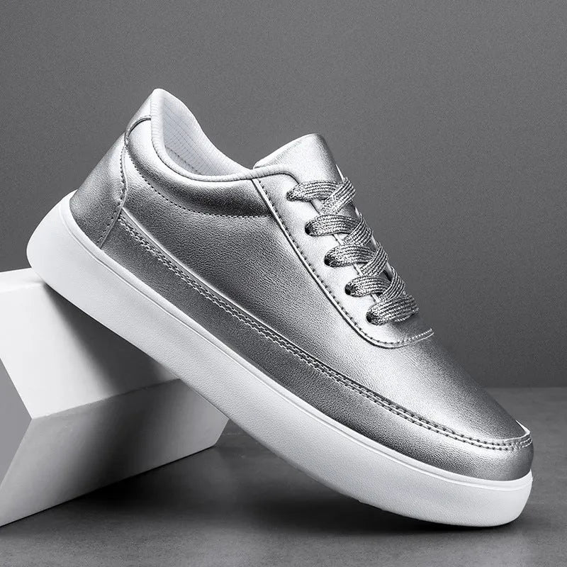 Women's leather lace-up casual flat shoes in gold, silver, and white colour options
