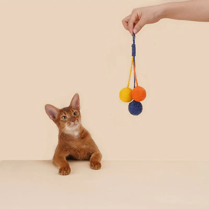 Bite-resistant cat teaser stick set with colourful catnip balls on blue background