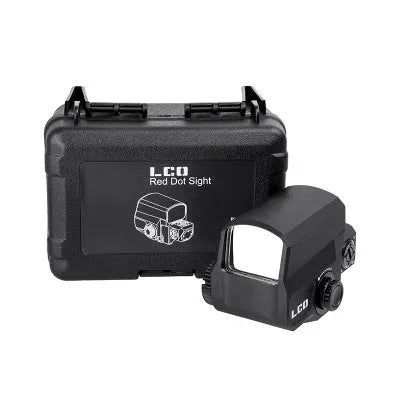 Tactical red dot sight with holographic reflex reticle mounted on 20mm rail for firearms