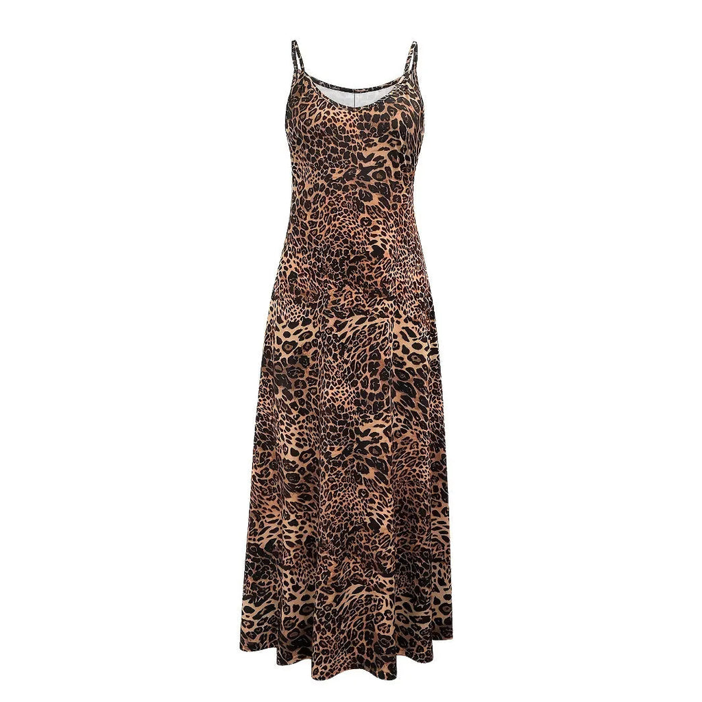 Dark brown leopard print women's long dress with sleeveless round neck and sling straps on a mannequin.