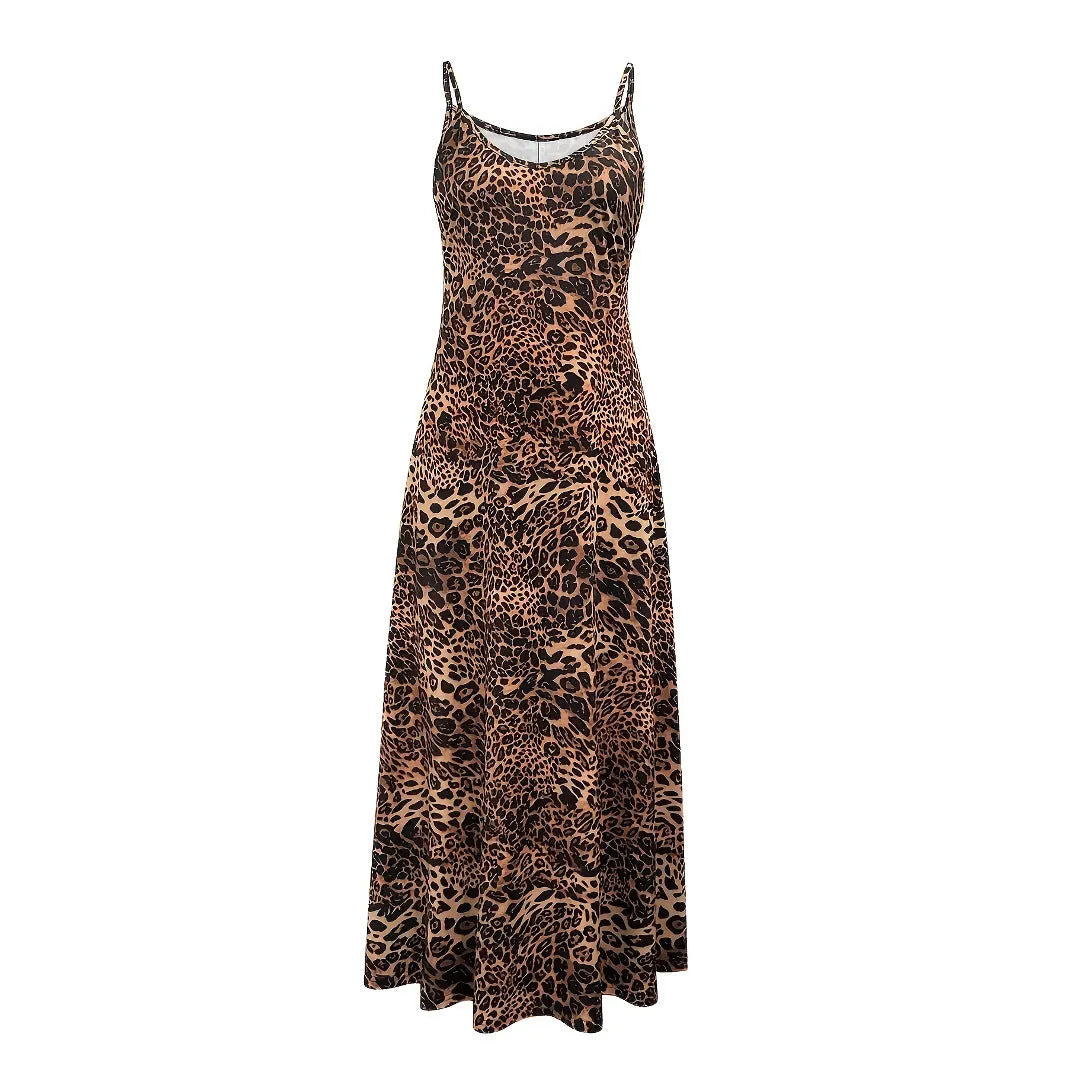 Dark brown leopard print women's long dress with sleeveless round neck and sling straps on a mannequin.