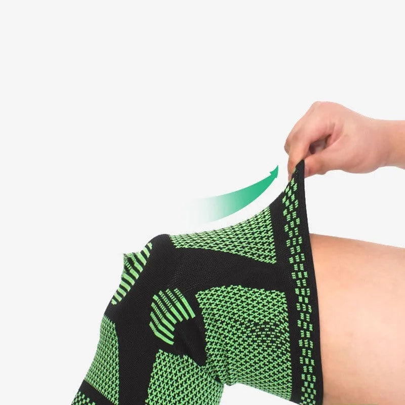 Sports silicone spring knee pad in polyamide fabric showing protective zone, available in multiple colours and sizes