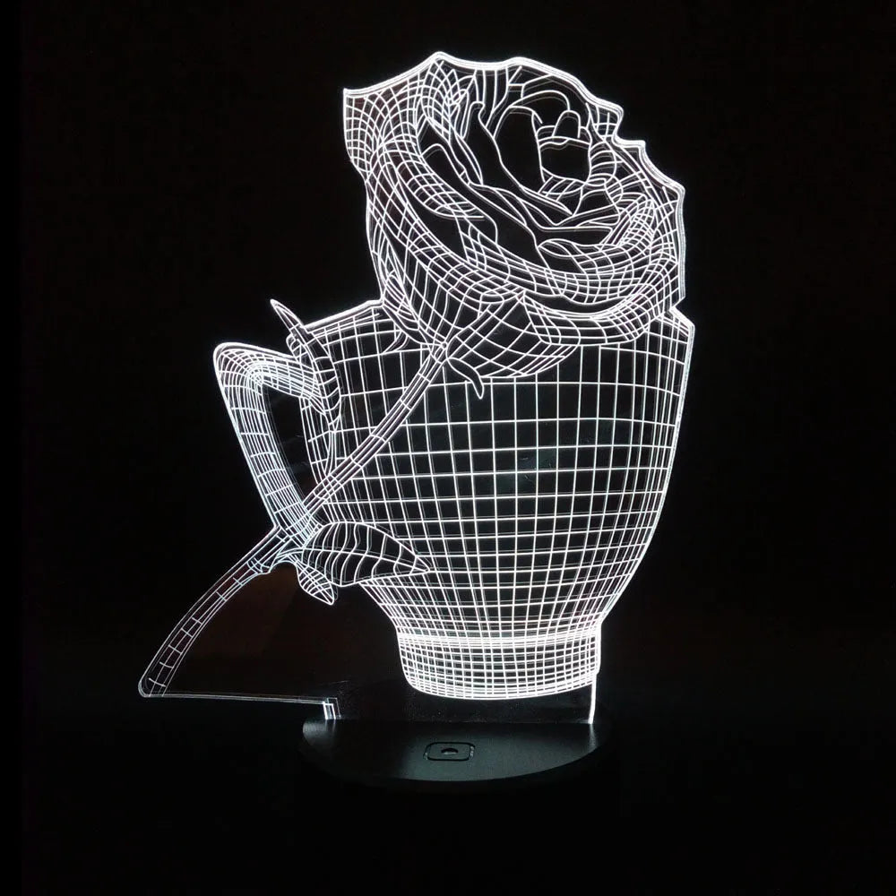 3D rose design night light on a black base showing multicolour gradient illumination.