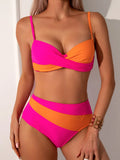 Women's orange split bikini swimwear with steel bracket design on bikini top