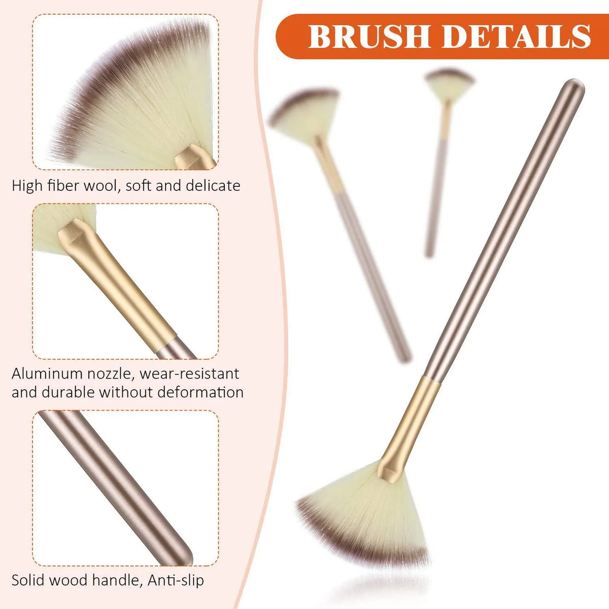 Set of 10 white-handled facial fan brushes with soft bristles and individual plastic brush covers.