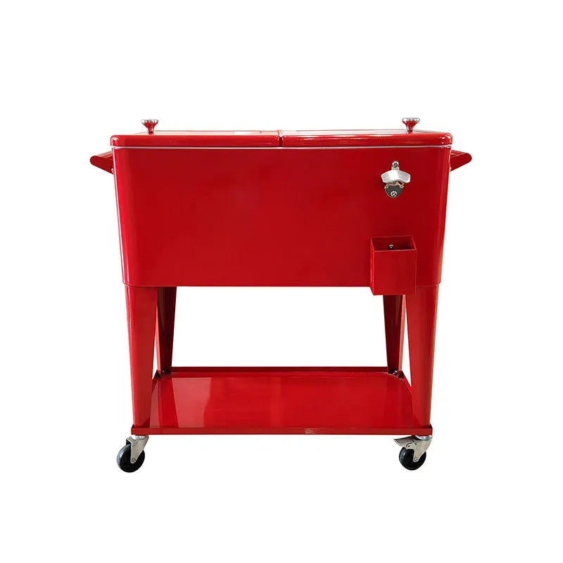 Red outdoor metal heat preservation cart with trolley wheels and insulated box for ice storage