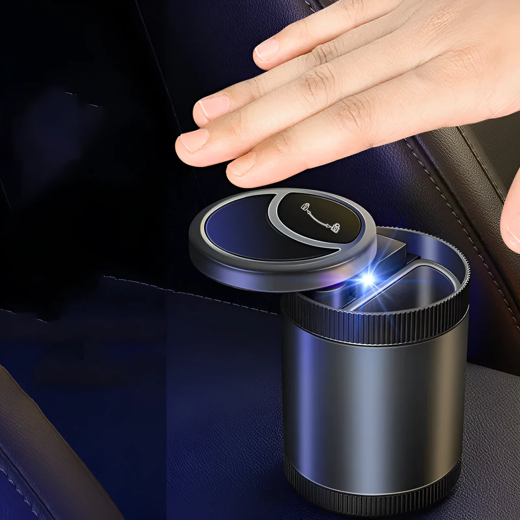 Automatic sensing ashtray in Deep Sky Grey colour with USB cable for car, home, or office use.