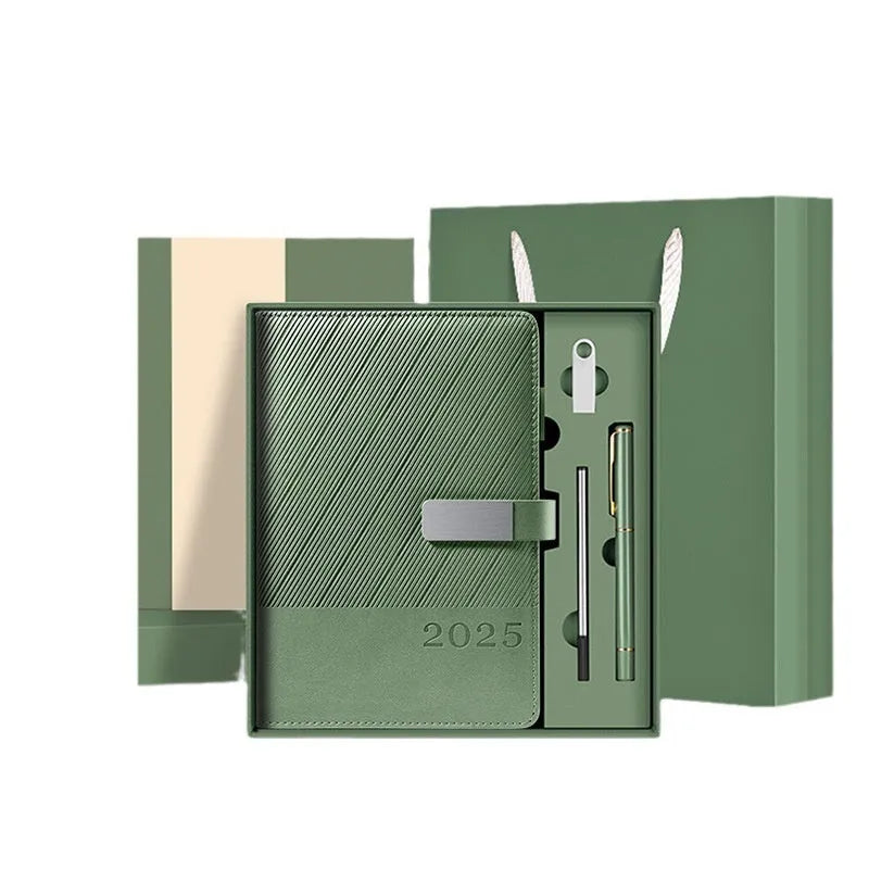 Striped PU leather notepad open to show 80g wood-free paper with eight colour options displayed
