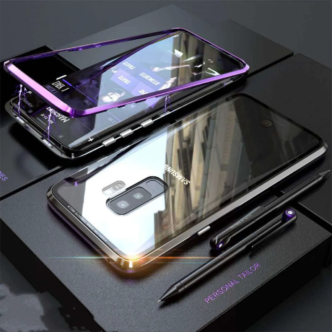 Black clamshell magnetic phone case for Samsung Galaxy phones with anti-peeping screen protection.