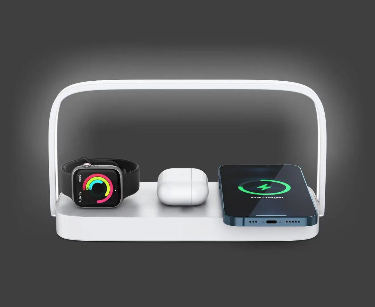 White wireless charging night light phone holder with QC3.0, 2A output, USB input, and charging bracket