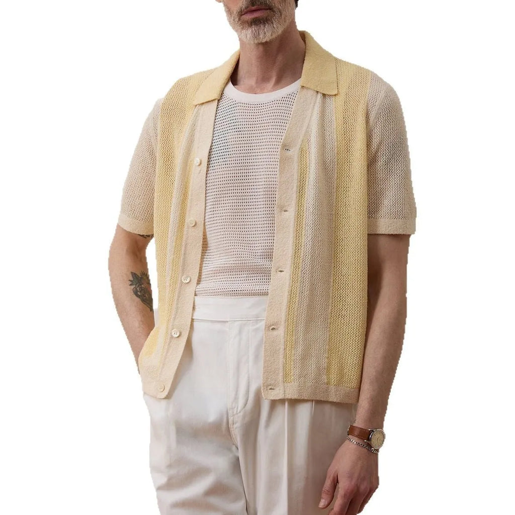 Yellow casual polo shirt with hollow-out pattern and asymmetric design detail, short sleeves