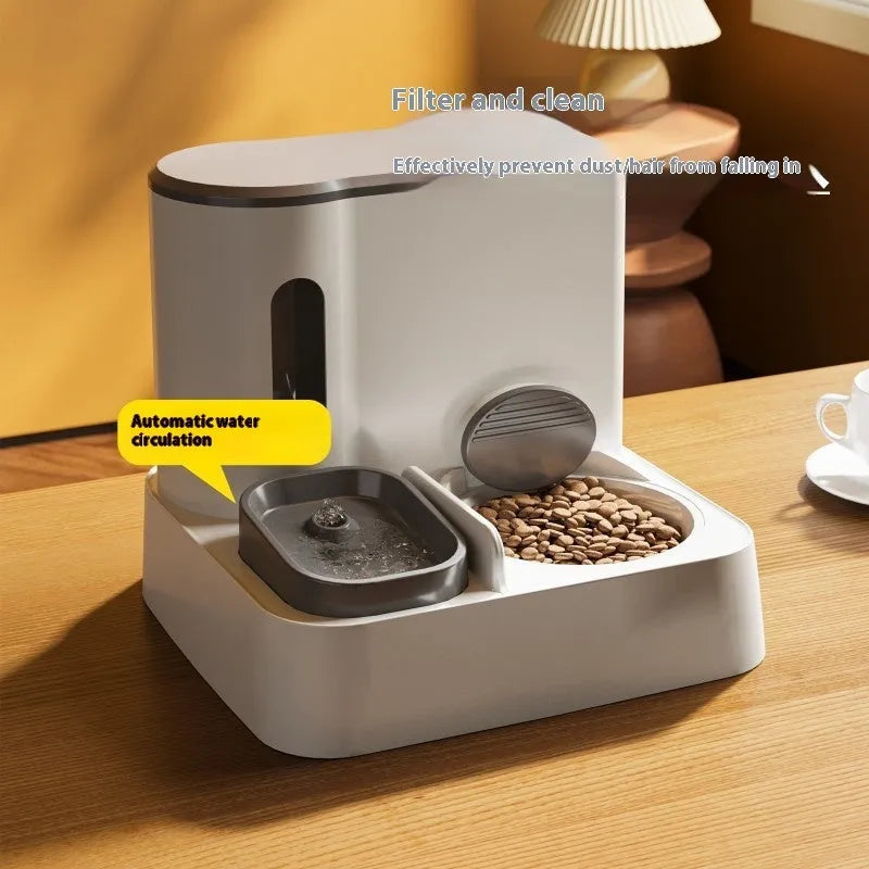Automatic cat feeder with integrated water dispenser double bowl in grey, yellow or green colours