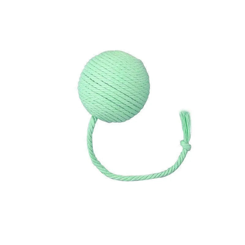 Colourful cat toy ball with attached rope and internal bell for interactive feline play