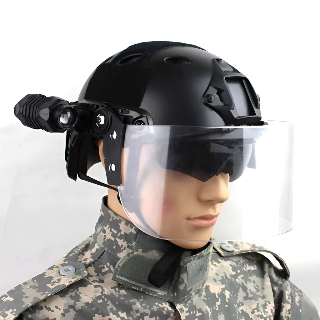 Transparent polycarbonate helmet face mask with guide rail mounting system