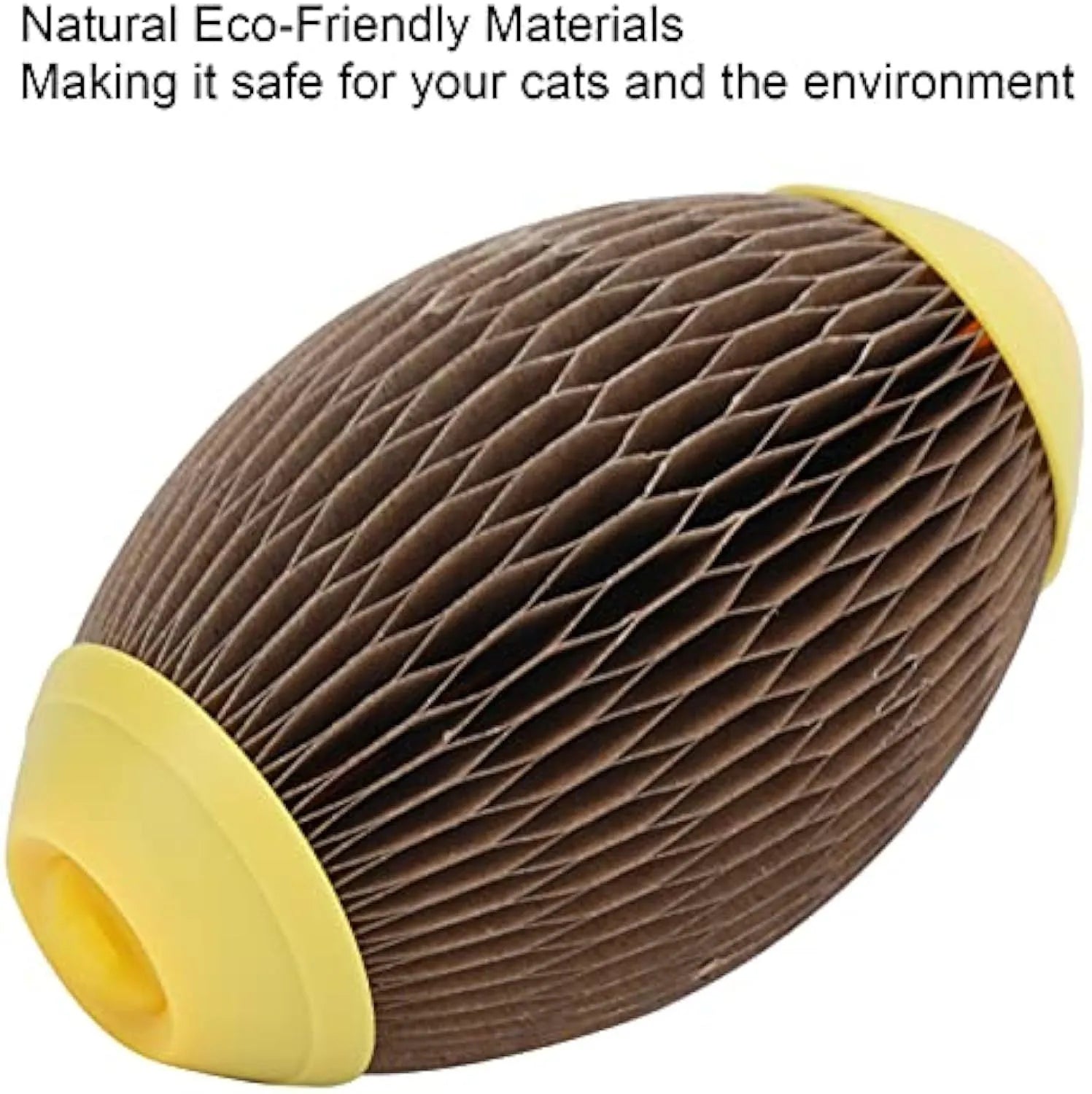 Elliptical catnip scratch football toy made from recycled corrugated paper.