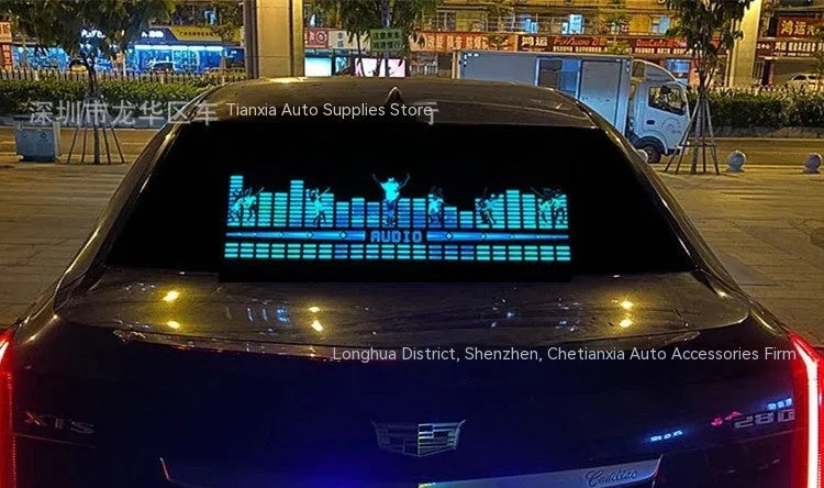 Voice-controlled car rhythm lamp with a long electroluminescent panel displaying colourful light patterns.