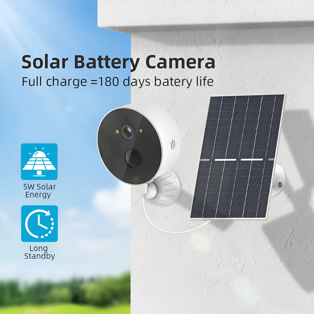 Solar-powered outdoor security camera with 1080P resolution and separate solar panel for continuous charging