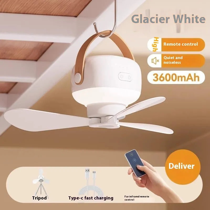 Rechargeable multifunctional ceiling fan with remote control for camping tents, includes night light and wire bracket.