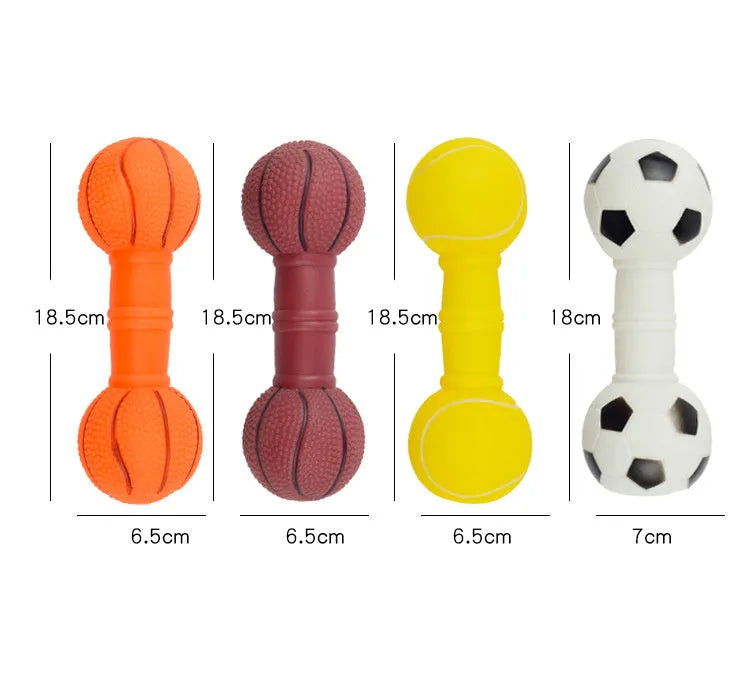 Brown, orange, white, and yellow PVC football dumbbell shaped dog squeaky toy on a white background.