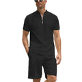 Men's solid colour polo shirt and matching trousers two-piece set on a hanger.