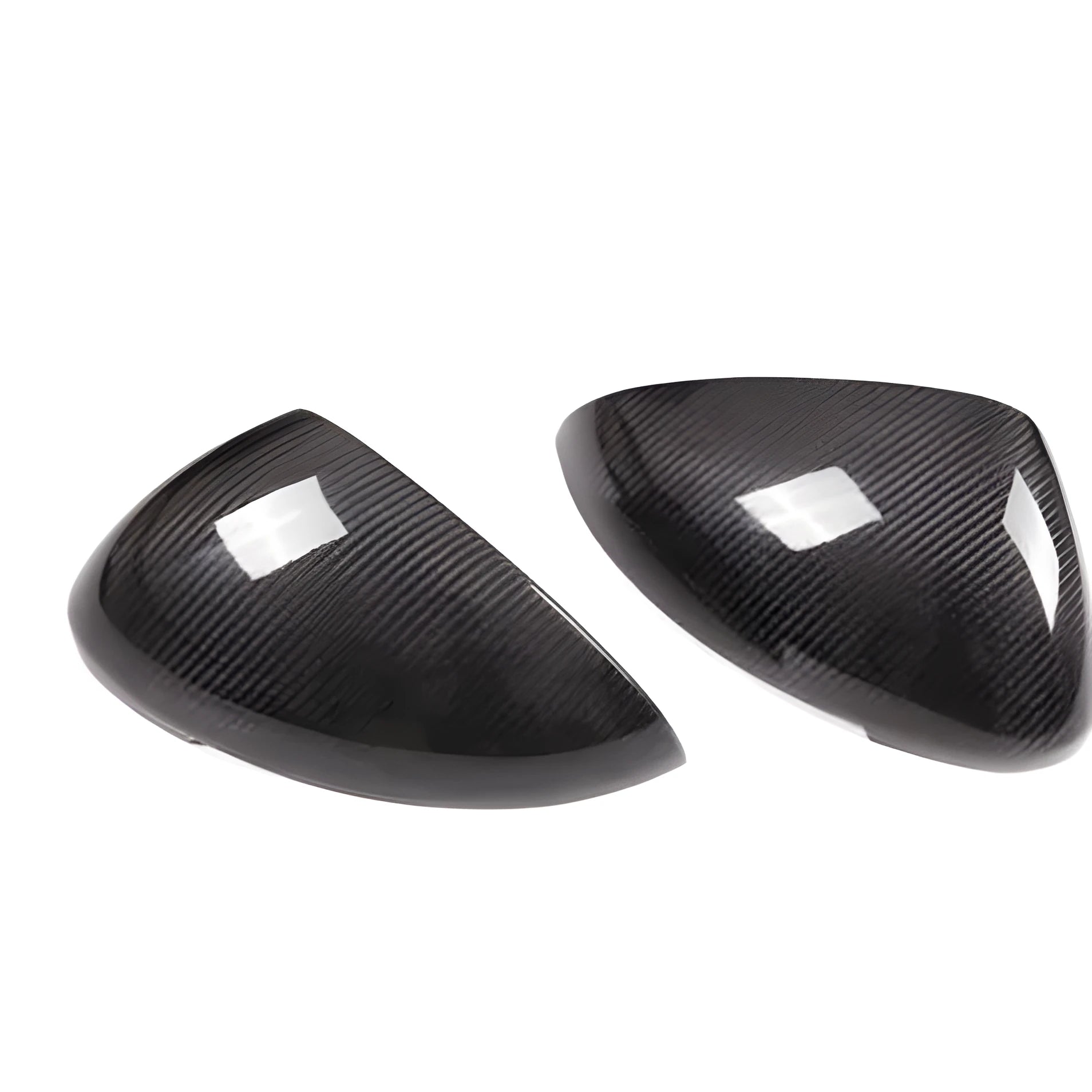 Carbon fibre rearview mirror covers for Porsche Macan with black finish and woven texture
