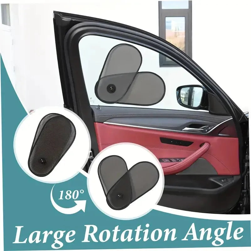 Black stretchy car side window sunshade for babies attached with suction cups, shown in a compact stored size
