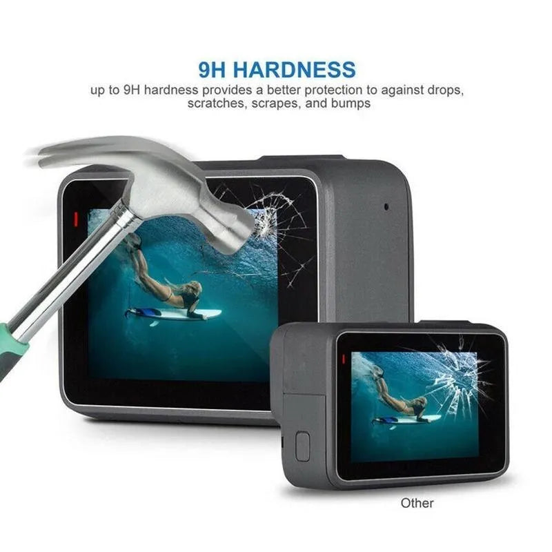 GoPro Hero camera with transparent tempered glass lens protector and LCD screen protector film applied.