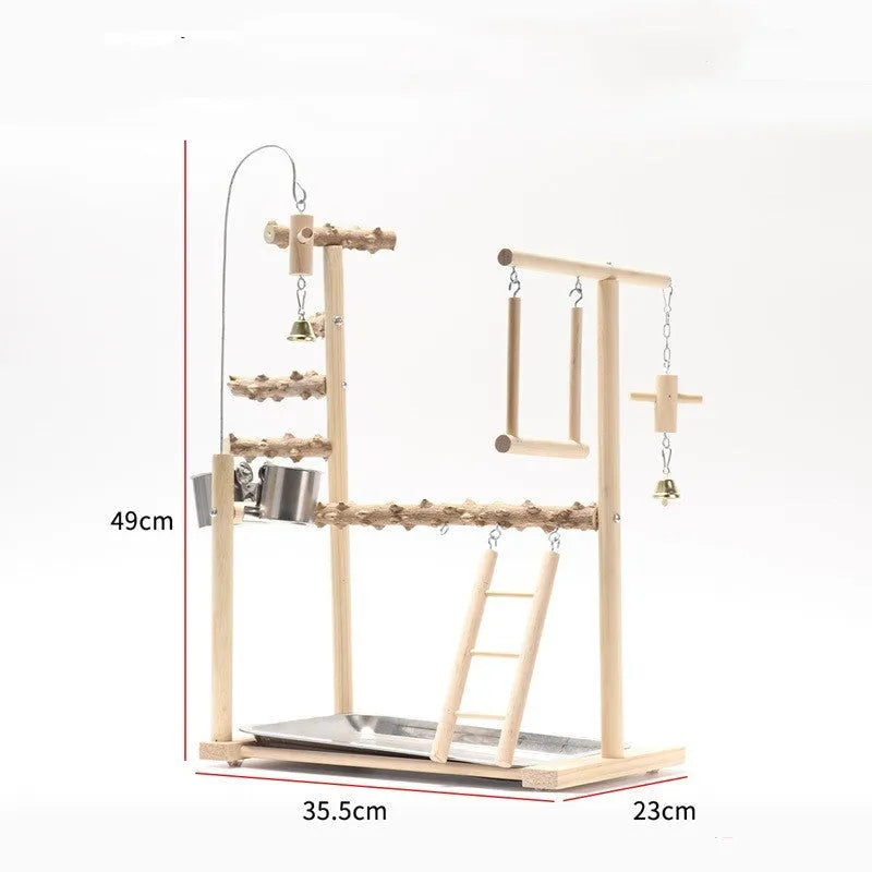Solid wood and pepperwood bird playground stand with metal accessories for all birds, No. 5 and No. 6