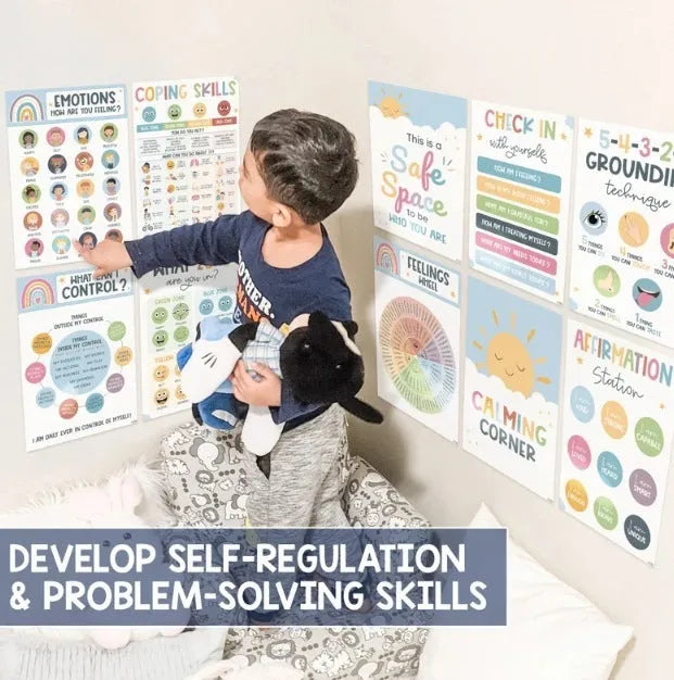 Calm corner poster set with 12 calm posters and 16 educational posters in puzzle style for classroom decoration