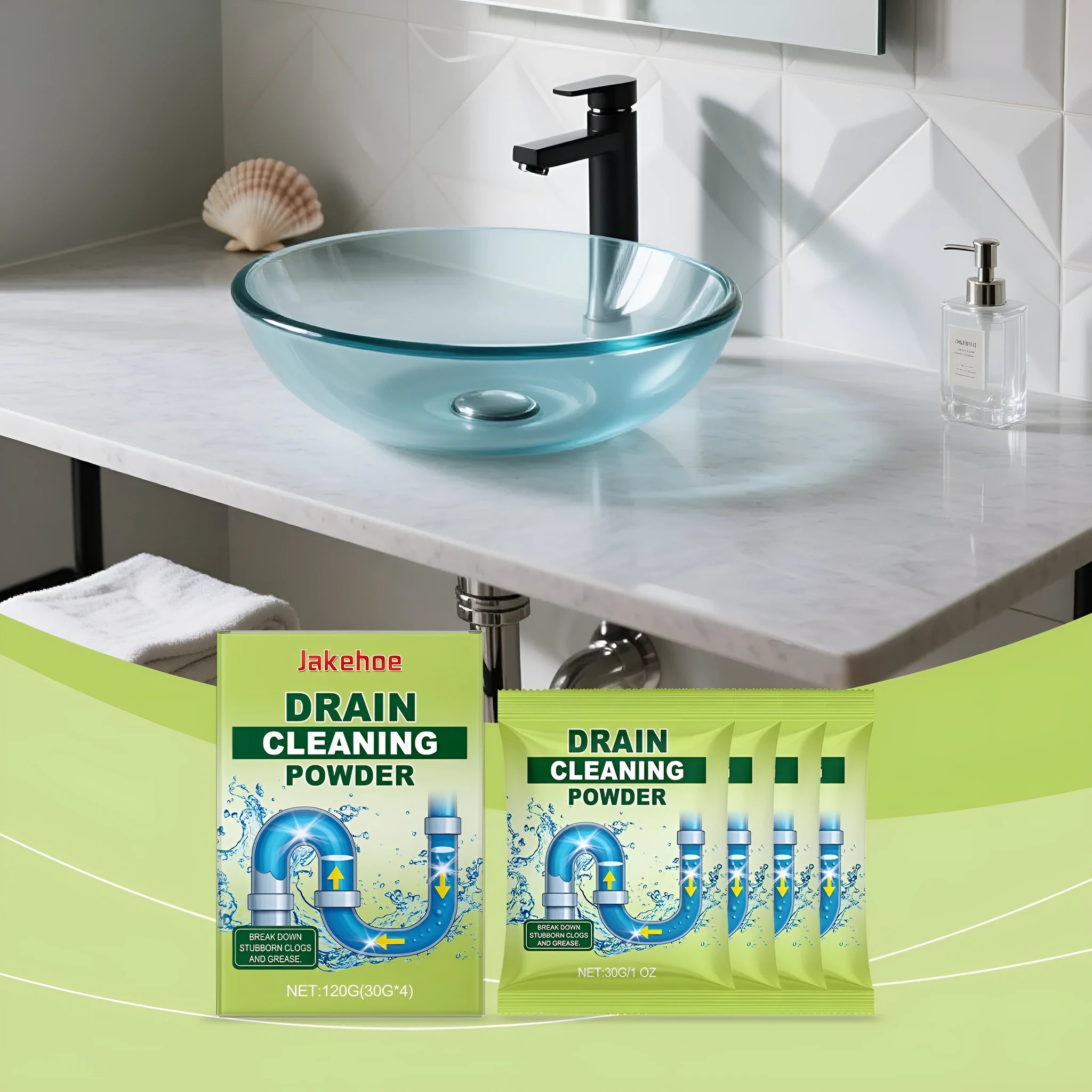 Bottle of chemical drain cleaning unblocker powder, 120g capacity.