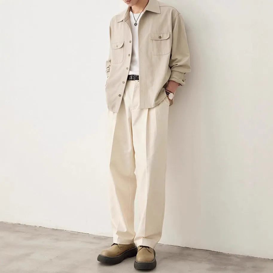 Men's light sand rice casual shirt with a cotton fabric lapel and long sleeves, laid flat.