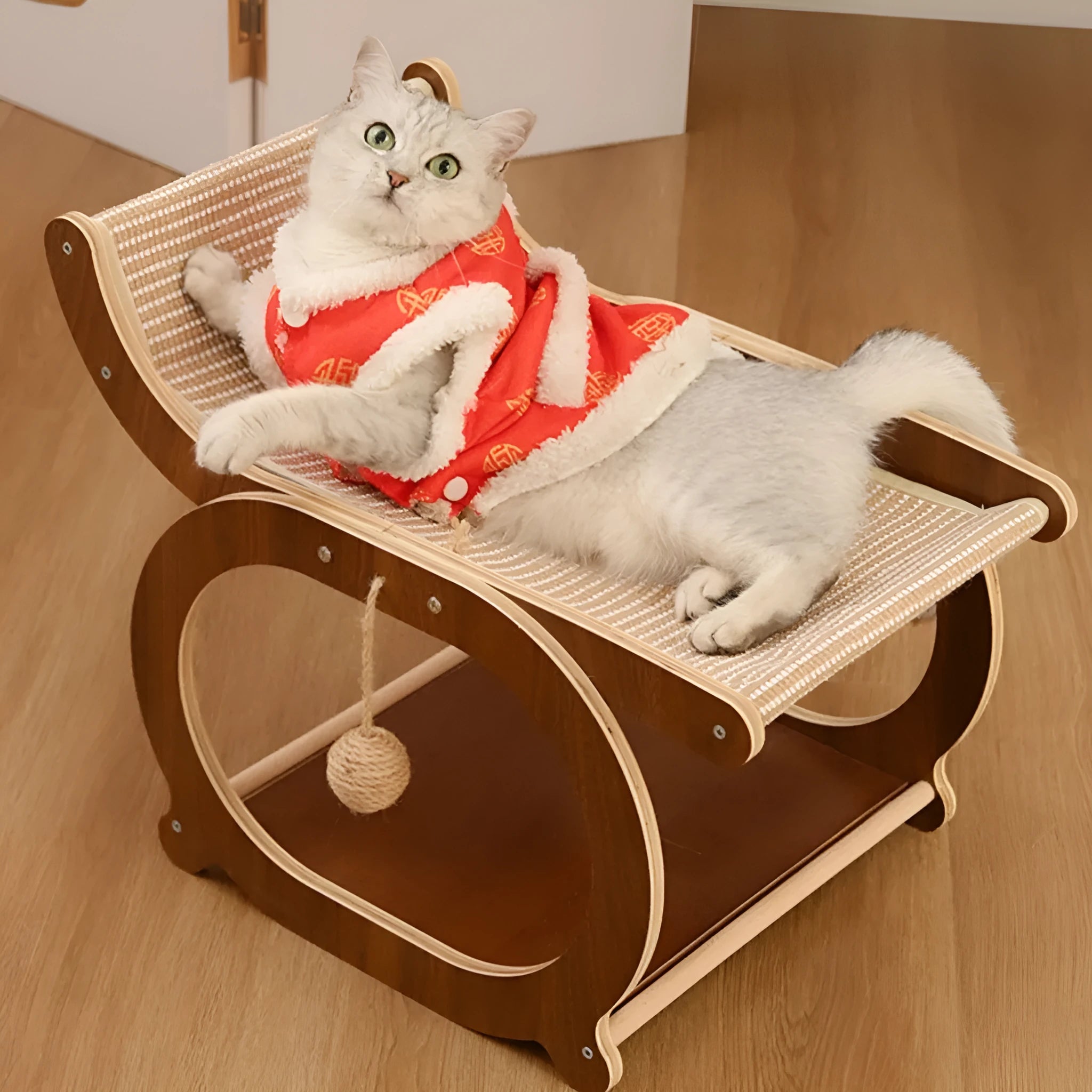 Solid wood cat scratching bed mat with sisal surface in walnut and wood colour options