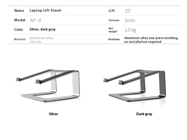 Black aluminium alloy laptop stand with ventilation slots on desktop