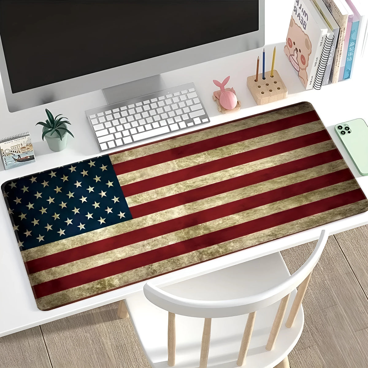 Large natural rubber mouse pad with thermal transfer pattern on desk showing non-slip base and multiple size options