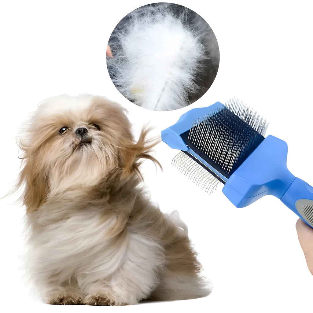 Double-sided pet brush with stainless steel pins on one side and softer pins on the other, in blue colour
