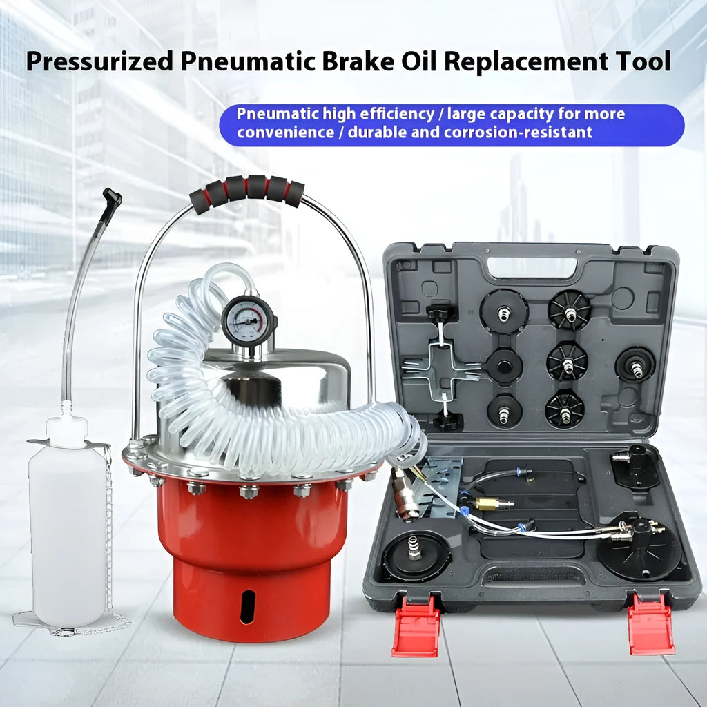 Pneumatic brake fluid replacement machine with pressure gauge and transparent drain pipes
