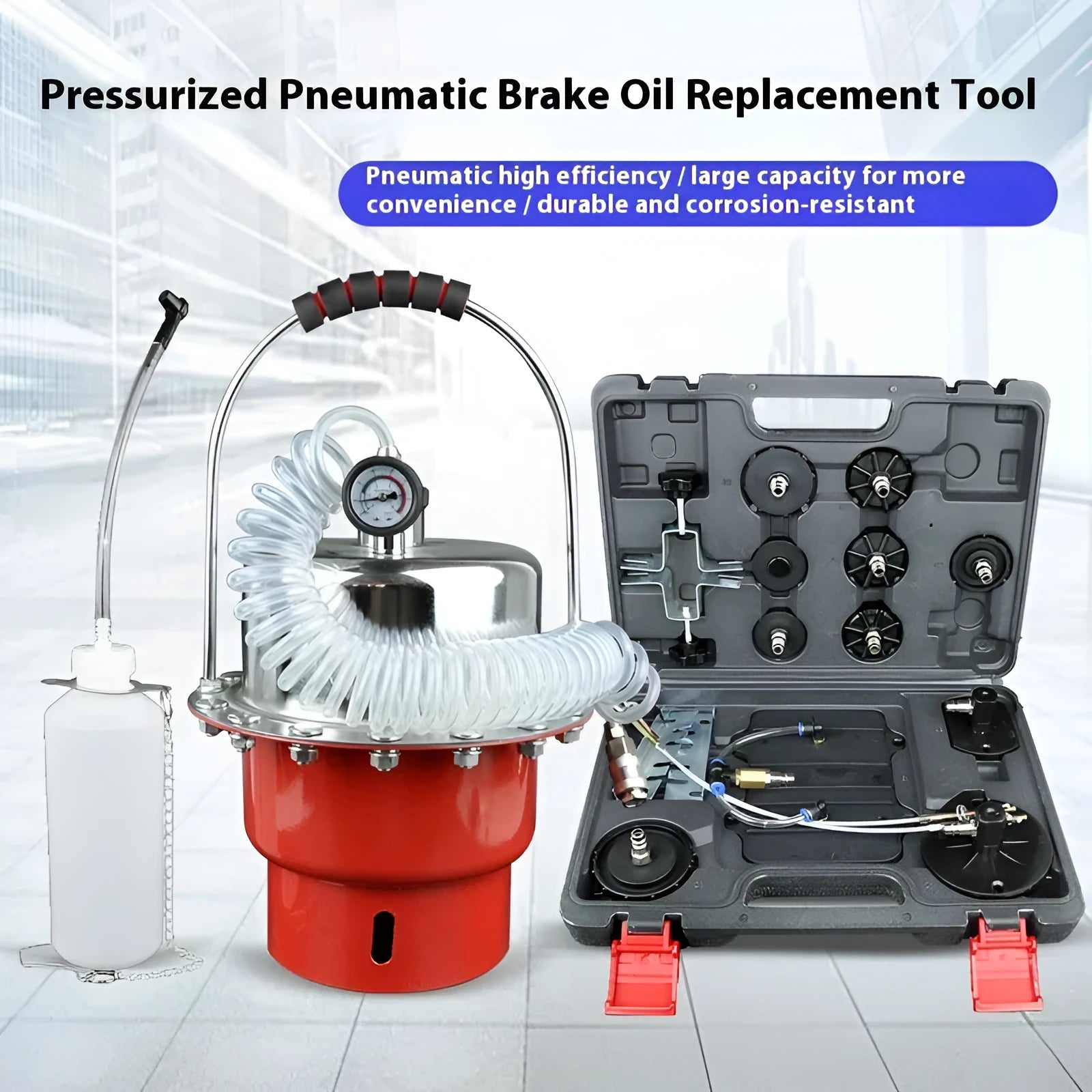 Pneumatic brake fluid replacement machine with pressure gauge and transparent drain pipes