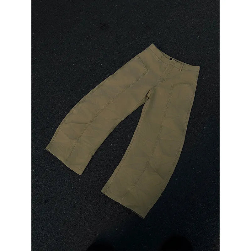 Men's khaki cotton straight-leg trousers laid flat showing solid colour design and casual styling