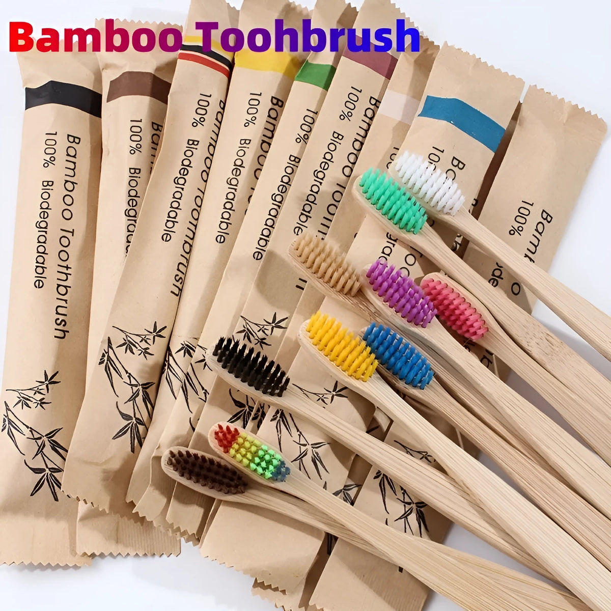 Set of 10 natural bamboo toothbrushes with charcoal soft bristles in multiple colours