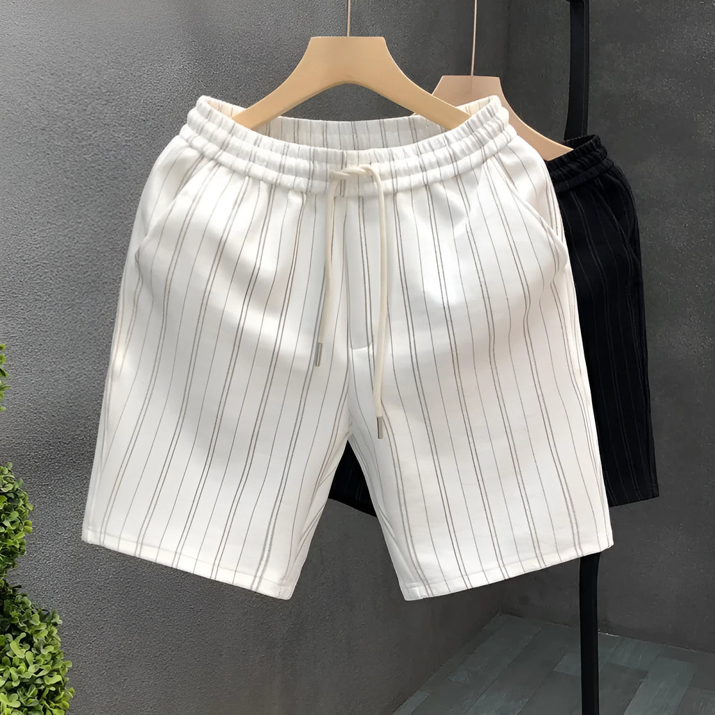 Men's black and white striped casual shorts with double-layer waistband and ankle banded styling