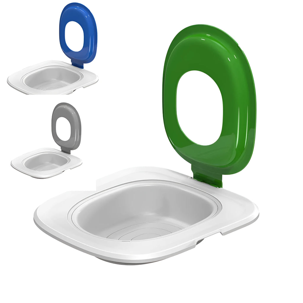 Fifth generation blue cat training toilet with shaped litter tray and grey non-slip mat on floor.
