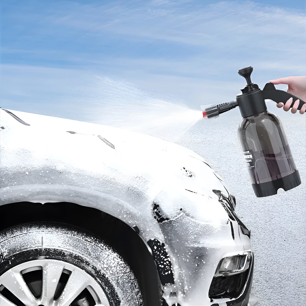 Black 2L plastic foam watering can sprayer with pump handle and two nozzles for car washing and gardening.