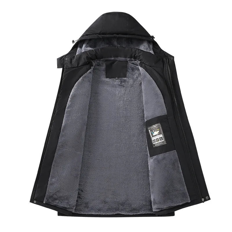 Men's plus size hooded coat in Army Green, made from waterproof polyester fabric.