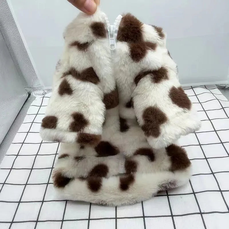 Plush polyester dog coat for small breeds in pink and brown colour options showing British style design