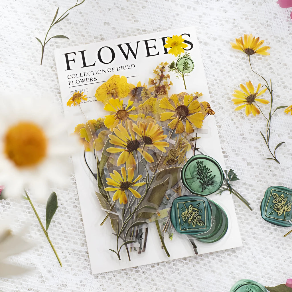Dried flowers journal decoration stickers in eight colour themes including Dark Night Purple and rose nebula