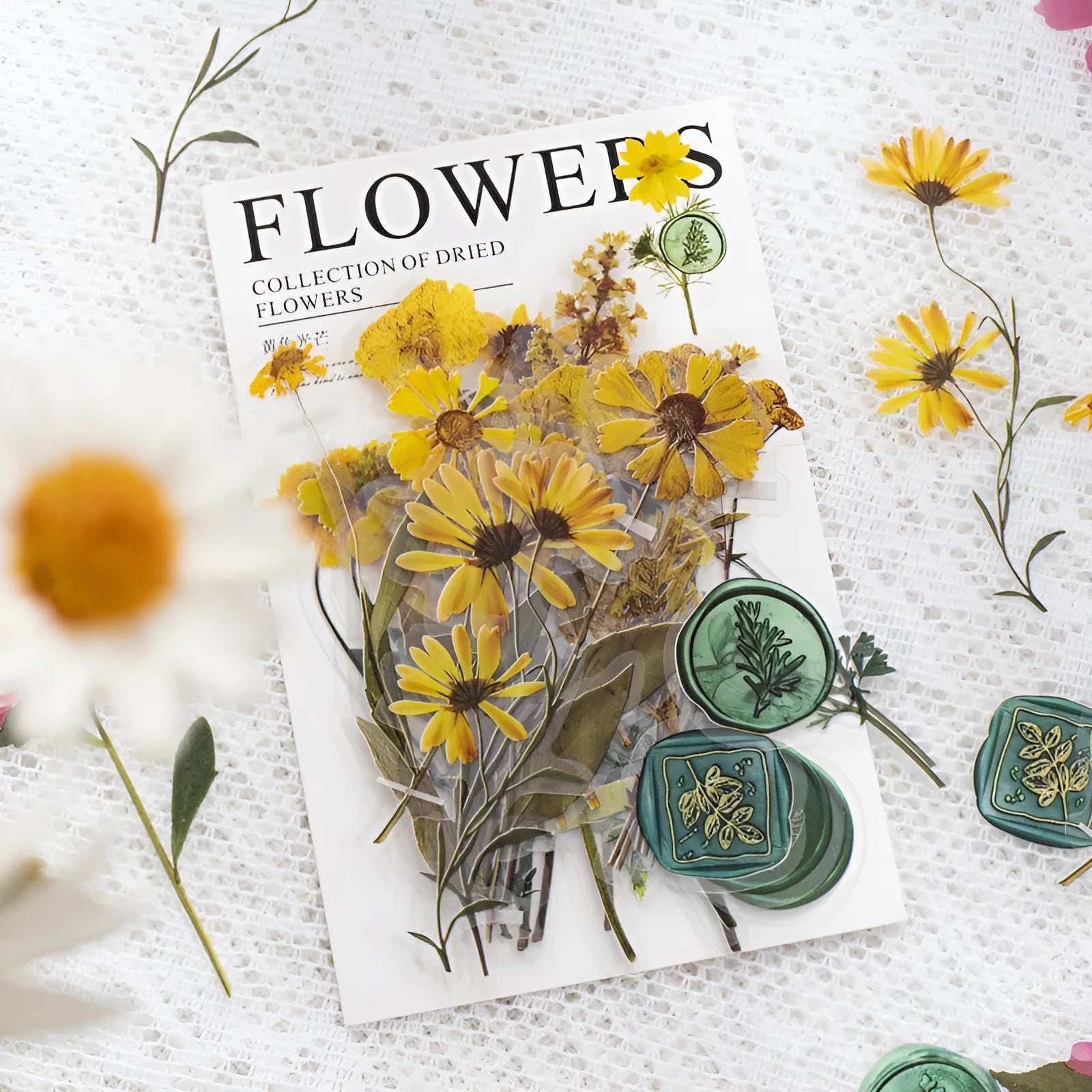 Dried flowers journal decoration stickers in eight colour themes including Dark Night Purple and rose nebula