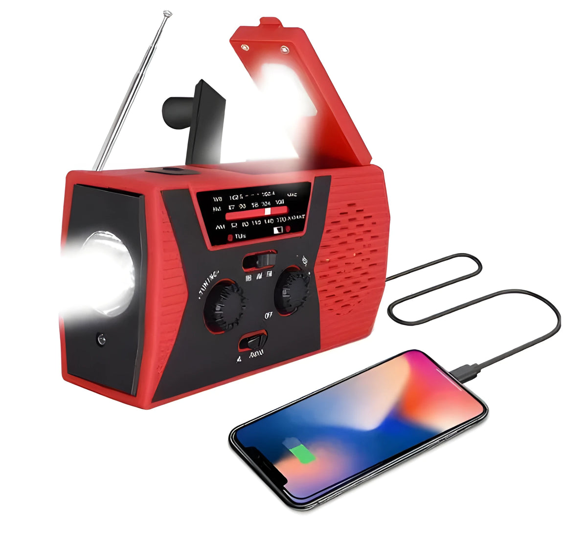 5 in 1 outdoor portable solar crank AM FM NOAA radio with LED flashlight, reading lamp, and power bank, available in green, orange, or red